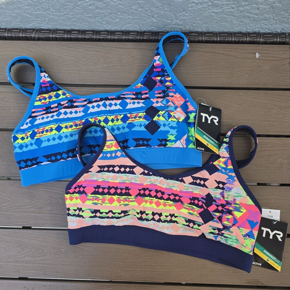 TYR Boca Chicka Active Racerback Bikini Swim Top Geometric Blue XL 14/16 New (2)